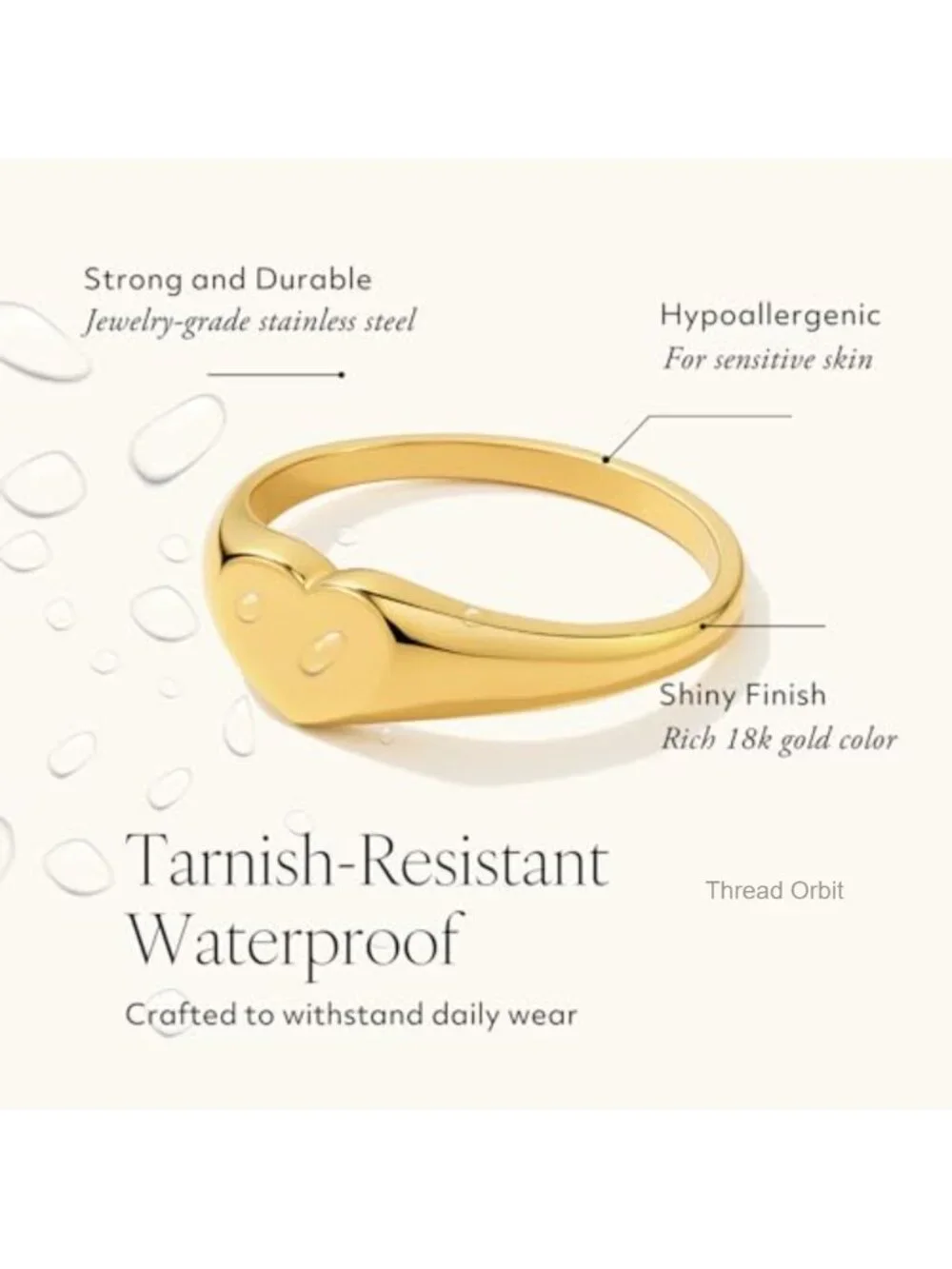 Stackable Dainty Oval Heart Signet Ring - 18K Gold Plated Stainless Steel